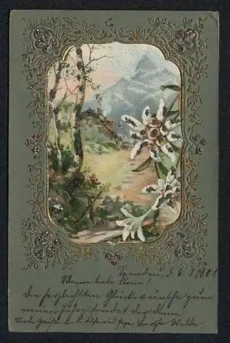 Glitzer-Perl-AK Landschaft in den Bergen, Edelweiss mit Glitzer-Perlen