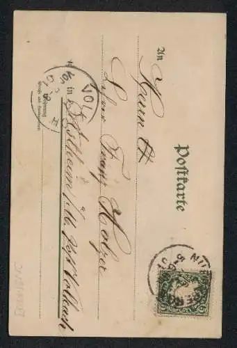 Glitzer-Perl-AK junge Dame im gelben Kleid schreibt einen Brief, Rosen mit Glitzer-Perlen