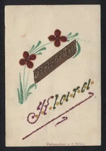 Glitzer-Perl-AK Viele Grüsse von Klara, Blumen mit Glitzer-Perlen