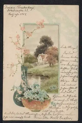 Glitzer-Perl-AK Blumen in einer Vase mit Glitzer-Perlen, Haus am Wasser