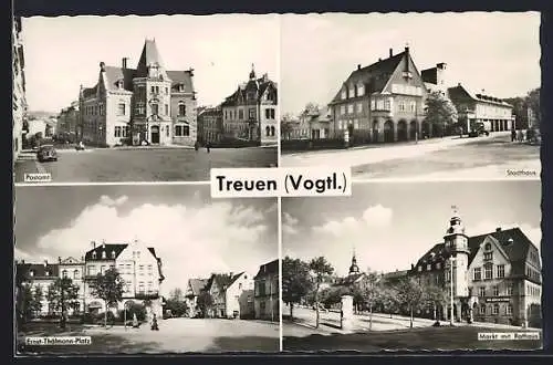 AK Treuen / Vogtl., Postamt, Ernst-Thälmann-Platz, Markt mit Rathaus, Stadthaus