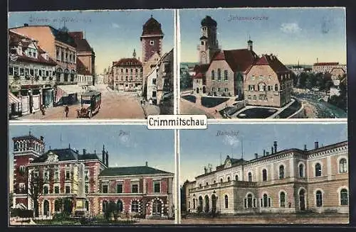 AK Crimmitschau, Bahnhof, Post, Johanniskirche