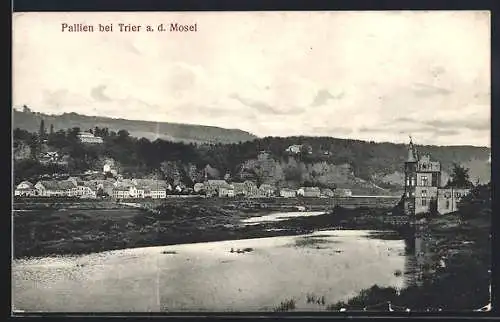 AK Pallien /Trier, Ortspanorama mit Turmgebäude am Wasser