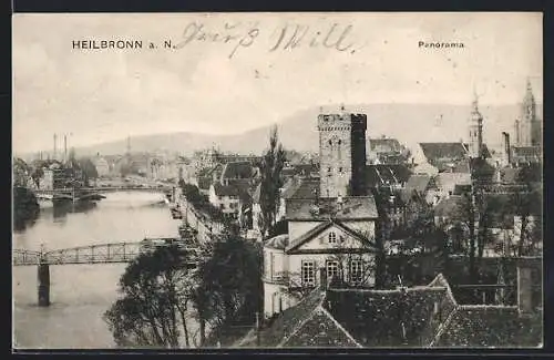 AK Heilbronn a. N., Panorama mit Brücke