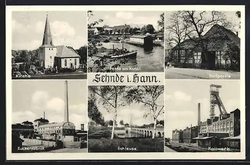 AK Sehnde i. Hann., Kirche, Zuckerfabrik, Schleuse, Kaliwerk