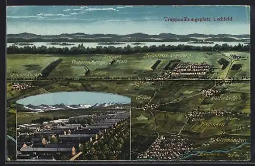 Künstler-AK Eugen Felle: Lechfeld, Truppenübungsplatz, das Barackenlager gegen die Bergkette, das gesamte Lager