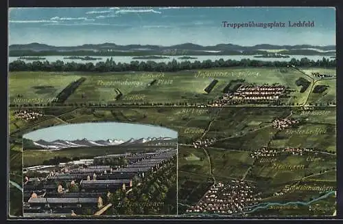 Künstler-AK Eugen Felle: Lechfeld, Truppenübungsplatz, das Barackenlager gegen die Bergkette, das gesamte Lager