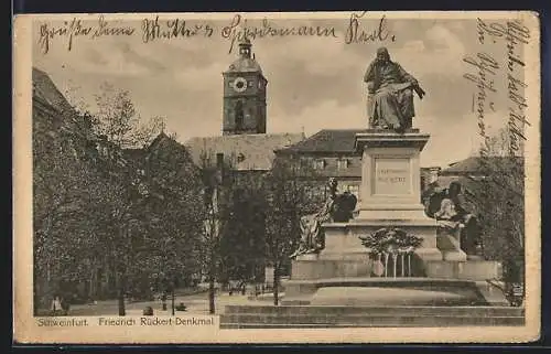 AK Schweinfurt, Friedrich-Rückert-Denkmal mit Blick gegen die Kirche