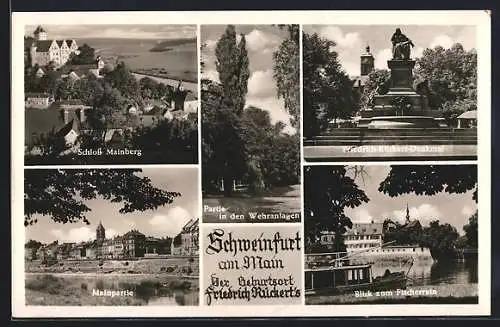 AK Schweinfurt a. Main, Schloss Mainberg, Friedrich-Rückert-Denkmal, Mainpartie