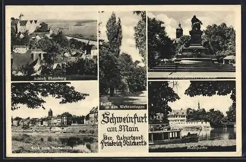 AK Schweinfurt a. Main, Schloss Mainberg, Friedrich-Rückert-Denkmal, Mainpartie