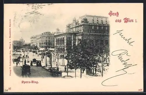 AK Wien, Opern-Ring, Strassenpartie mit Litfasssäule