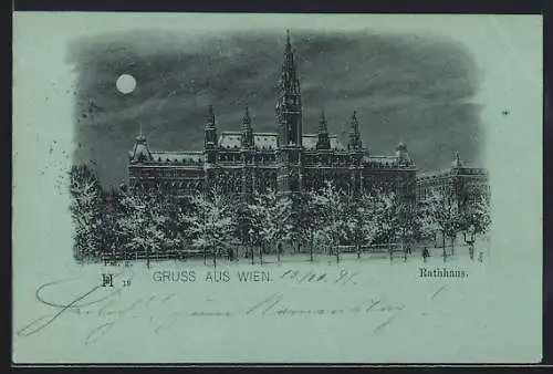 Mondschein-AK Wien, Rathaus im Schnee