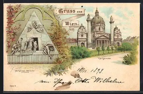 Lithographie Wien IV, Karlskirche und Christinen-Denkmal