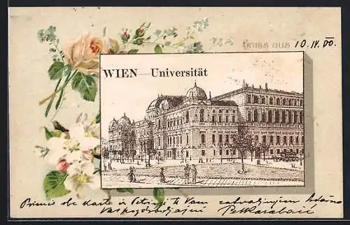 Lithographie Wien, Universität, Blühende Blumen