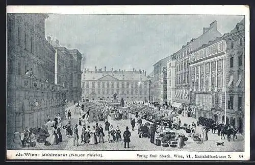 Künstler-AK Alt-Wien, Mehlmarkt mit Brunnen und Marktbetrieb