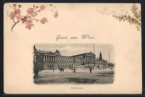 Lithographie Wien, Parlament mit Vorplatz und Reiter, Blühende Zweige