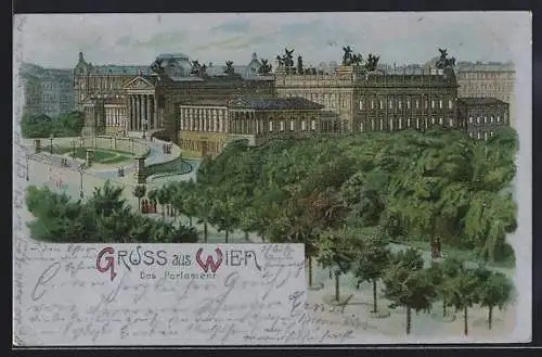 Lithographie Wien, Parlament mit Anlagen aus der Vogelschau