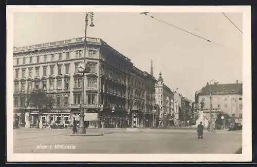 AK Wien, Wollzeile, Ortspartie mit Uhr und Denkmal