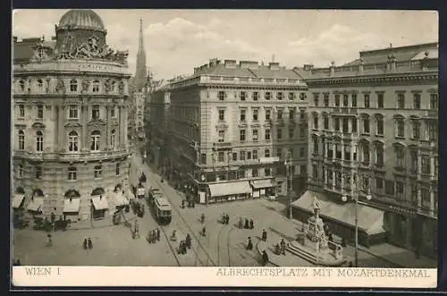 AK Wien I., Albrechtsplatz mit Mozartdenkmal und Strassenbahn