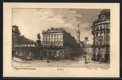 Künstler-AK Wien, Augustinerstrasse mit Reiterdenkmal u. Kirchturm