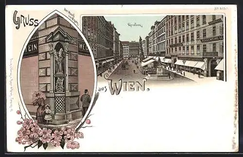 Lithographie Wien, Strassenpartie am Graben, Der Stock im Eisen