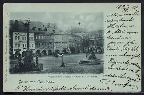 Mondschein-AK Trautenau, Ringplatz mit Rübezahlbrunnen und Mariensäule