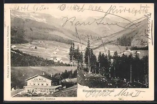 AK St. Peter /Riesengebirge, Buchbergers Gasthaus, Panorama