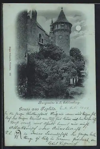 Mondschein-AK Teplitz, Burgruine a. d. Schlossberg