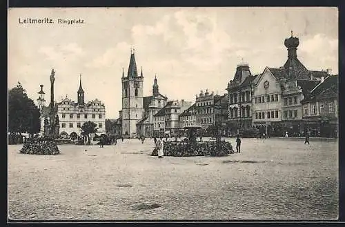 AK Leitmeritz, Ringplatz mit Denkmal und Brunnen