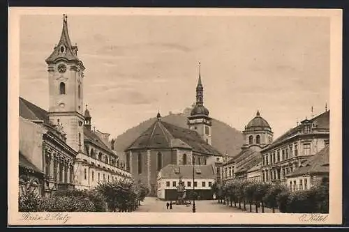 AK Brüx / Most, Platz mit Kirche