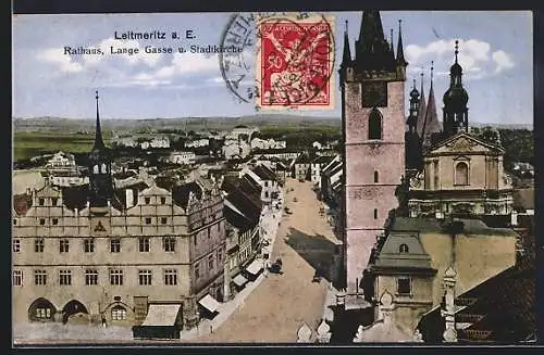 AK Leitmeritz / Litomerice, Blick auf Hauptstrasse und Kirchturm