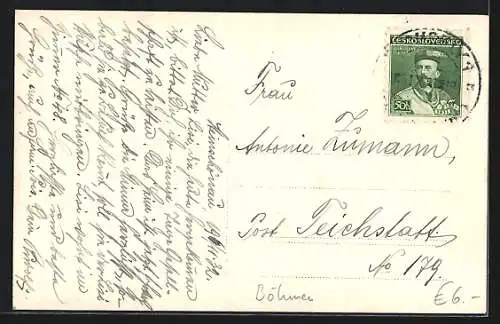 AK Steinschönau, Hotel Erholungsheim mit blühenden Bäumen