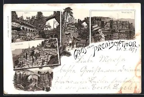 Lithographie Herrnskretschen / Hrensko, Hotel Edmundsklamm, Prebischthor, Mehrfachansichten