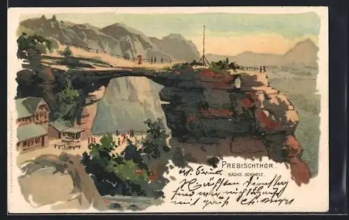 Lithographie Hrensko, Passanten auf dem Prebischthor