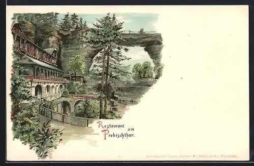 Lithographie Prebischthor, Ansicht mit Restaurant