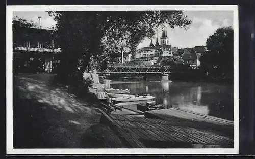 AK Louny, Ortschaft mit Kanal und anliegenden Booten