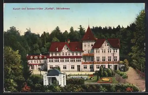 AK Schluckenau, Kurhotel Karltal mit Gartenanlage