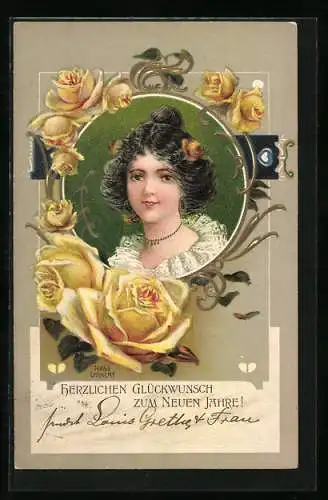 Künstler-AK sign. Hans Volkert: Fräulein mit gelben Rosen