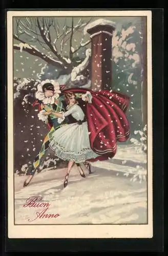 AK Harlekin mit junger Frau im Schnee, Neujahrsgruss, Art Deco