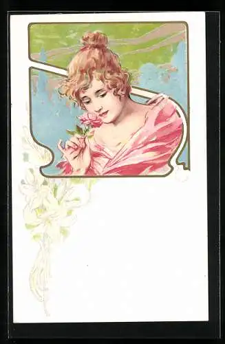 AK Jugendstil, Junge Frau mit einer rosa Rose