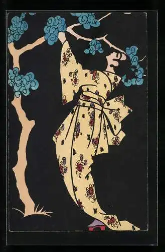 Künstler-AK Geisha unter einem Baum, Jugendstil