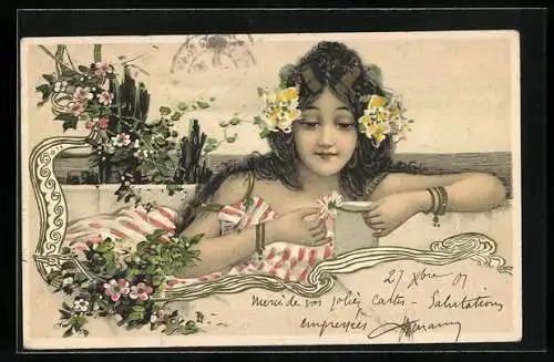 AK Junge Dame mit Blumen im Haar und Gänseblümchen im Jugendstil