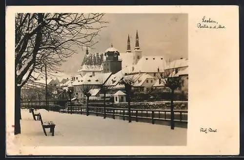 AK Leoben, Murpartie mit Kirche im Schnee