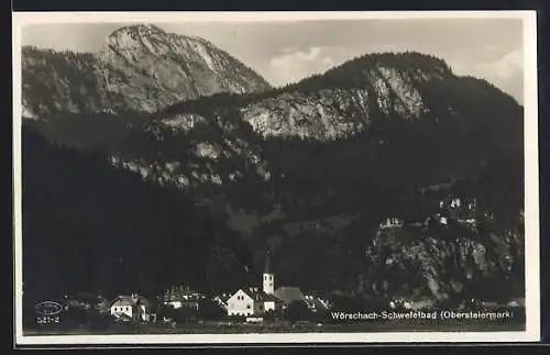 AK Wörschach-Schwefelbad, Gesamtansicht mit Blick zu den Bergen