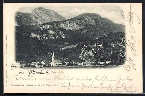 AK Wörschach, Ortspanorama mit Kirche und Gebirge