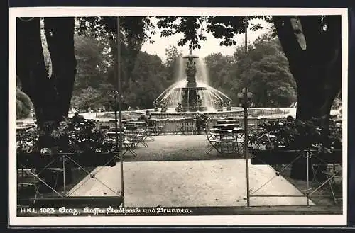 AK Graz, Cafe im Stadtpark und Brunnen