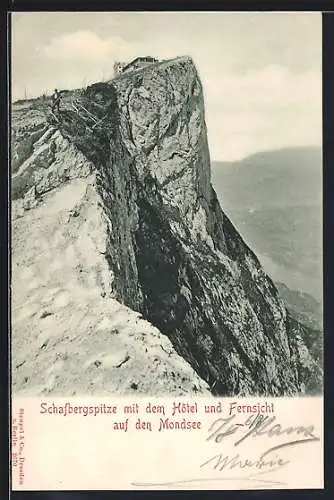 AK Schafberg, Schafbergspitze mit dem Hotel und Fernsicht auf den Mondsee