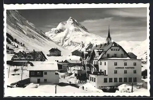 AK Galtür /Tirol, Alpengasthaus Fluchthorn und Ballunspitze im Schnee