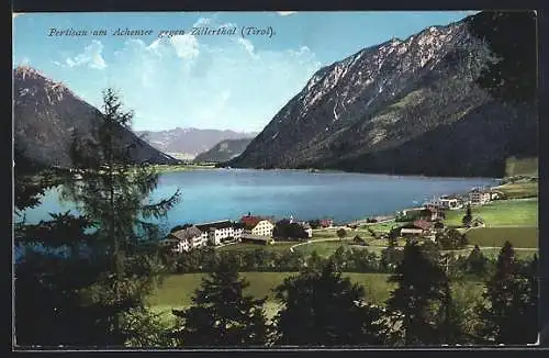 AK Pertisau am Achensee, Ortsansicht mit See- und Bergpanorama