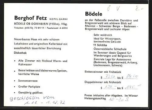 AK Bödele ob Dornbirn, Berggasthof Fetz, Hotel Garni, Landstrasse